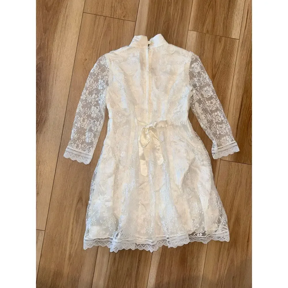 Vintage Jessica McClintock Girls White Lace Mock Neck Mini Dress Size 4